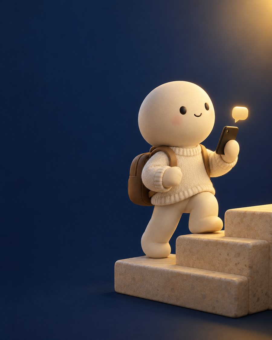 Ilustração 3D de um bonequinho subindo degraus com o celular na mão
