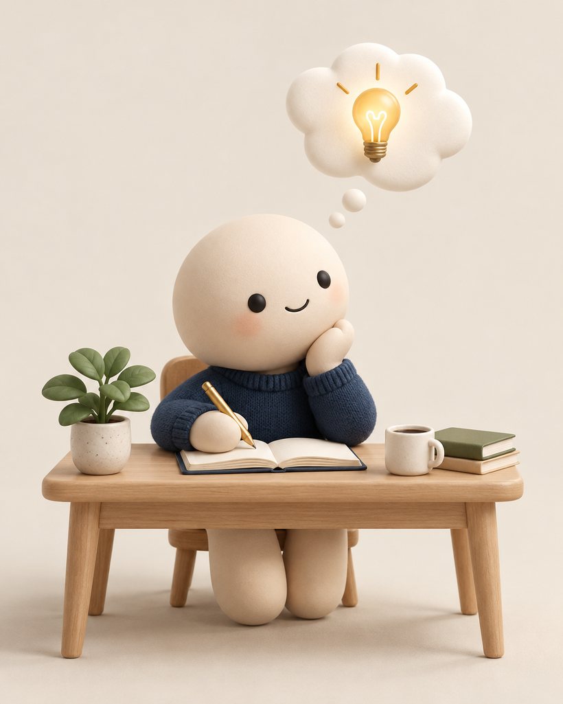 Ilustração 3D de um bonequinho escrevendo em um caderno, com uma lâmpada acesa no balão de pensamento