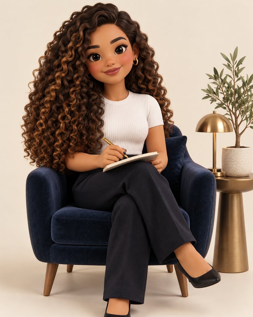 Ilustração 3D da Nayara sentada em uma poltrona azul, sorrindo, com um caderno