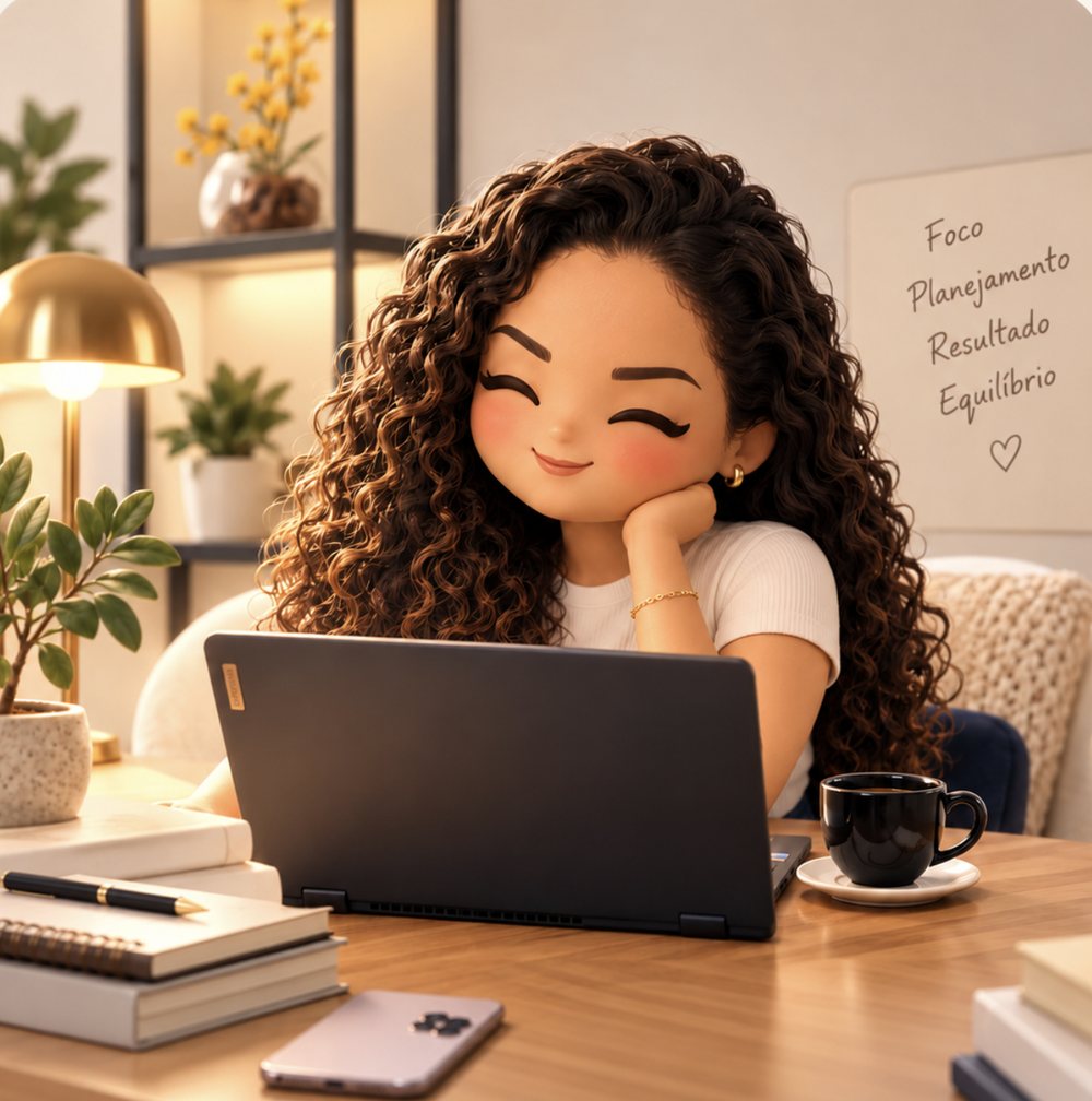 Ilustração 3D da Nayara sorrindo em frente ao notebook em um atendimento online